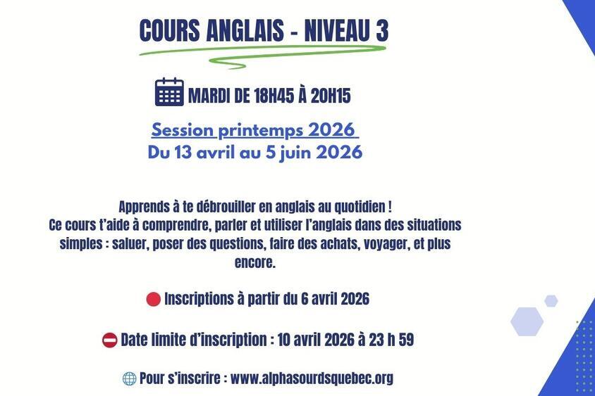 Cours Anglais - Niveau 3 (Soir)